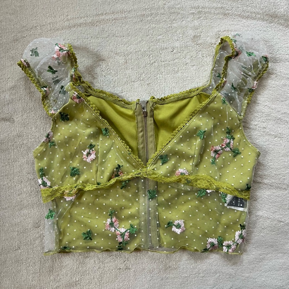 Green Floral Mesh Crop Top